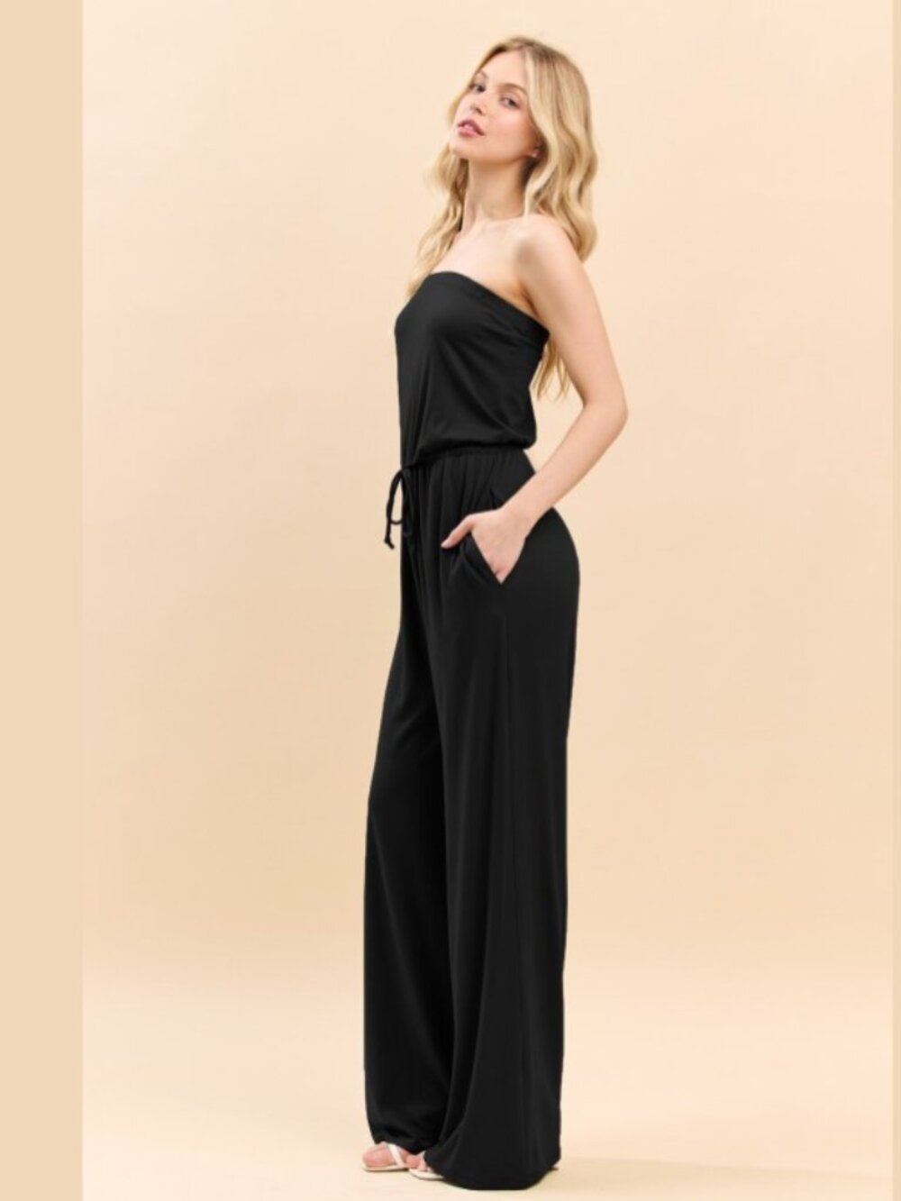 Boutique Strapless Wide Leg Jumpsuit Black Flowy Lounge Pants S M L - Picture 3 of 3